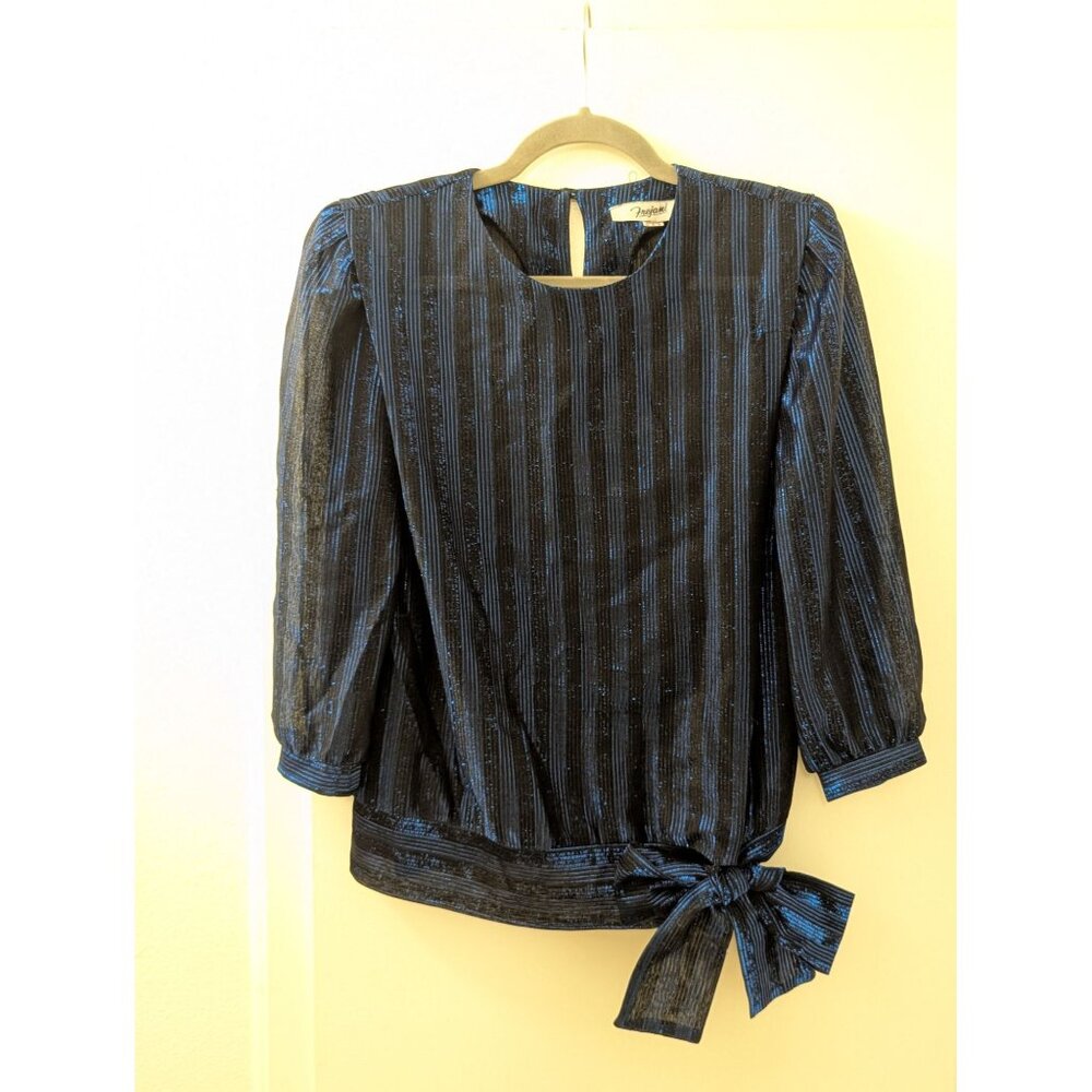 Vintage Frejani Womens Striped Metallic Blue & Black Tie-Waist Blouse
